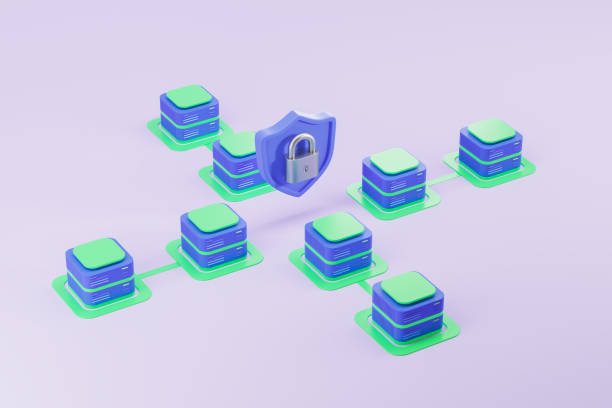 istock Top view of data servers connected, blue shield with lock protection 1864663187