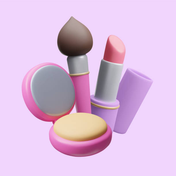 istock 3D makeup cosmetics advertising scene vector illustration. 3D cartoon style colorful beauty cosmetic products: compact powder palette, makeup brush, lipstick lip balm isolated on light background. 1864666994