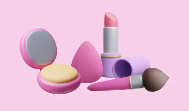 Vector illustration of 3D makeup cosmetic products vector illustration. Cute cartoon style 3D foundation powder palette, makeup blender brush, lip treatment lipstick. Makeup advertising showcase mockup design template.