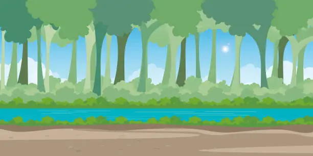 Vector illustration of Natural window view to the tropical river across a dense green forest.