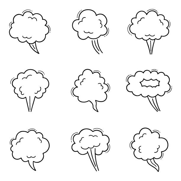 Web Smoke, boom bubble, steam doodle set. Comic speed cloud, explosion, blow wind, smoke puffs in sketch style. Hand drawn vector illustration isolated on white background angry clouds stock illustrations