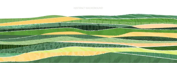 Vector illustration of Abstract farm field collage background. Agro land backdrop, farmland landscape vector illustration with texture. Oriental decorative banner, eco design, green rural panorama, ecology art header