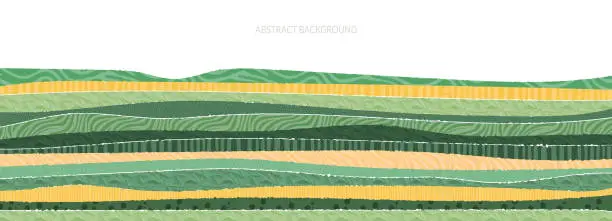 Vector illustration of Abstract agricultural field landscape banner background. Nature, ecology, organic, environment vector illustration. Web banner or template of clean green environment. Countryside with colorful texture