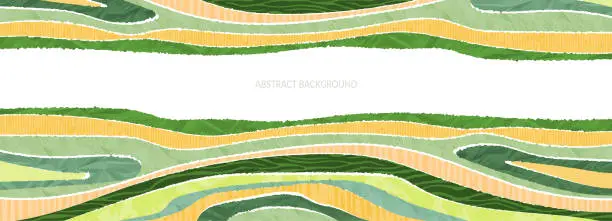 Vector illustration of Agriculture farm green banner. Organic abstract field background. Wavy green lines, advertising backdrop, web header. Ecology wallpaper. Striped textured pattern. Panoramic meadow view, abstract hill