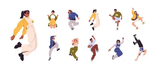 Vector illustration of Happy people jump set. Young men and women dancing, rejoice, celebrate success. Different cheerful teens, girls, boys with positive emotions. Happiness. Flat isolated vector illustration on white