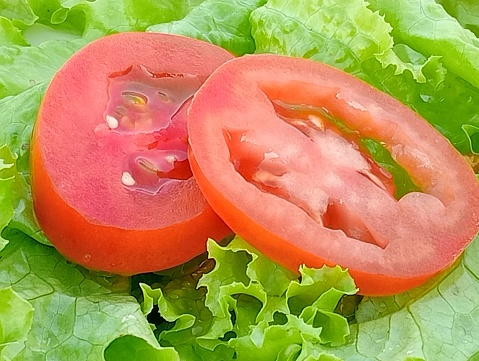 Sliced tomatoes placed on green lettuce. Tomatoes help prevent dementia and lettuce helps reduce cholesterol levels. Close -up shot of vegetables.