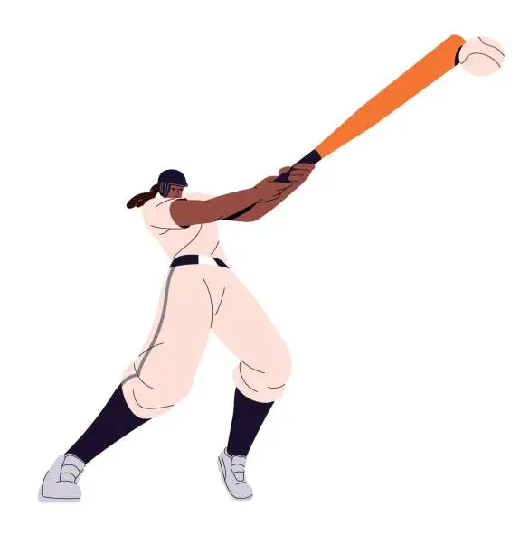 Vector illustration of Professional sportswoman plays american baseball. Sport player of field game. Hitter in helmet swings, batter hits ball with bat. Softball match. Flat isolated vector illustration on white background