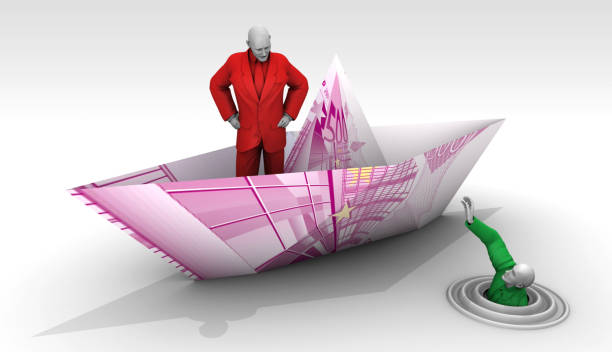 A cruel manager looking at a businessman struggling in the water with a paper ship made of Euro. / You can see the animation movie of this image from my iStock video portfolio. Video number: 1854500730