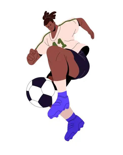 Vector illustration of Football player kicks ball with foot. Professional sportsman in soccer shoes plays team sport game. Young man with dreadlocks training to score goal. Flat isolated vector illustration on white