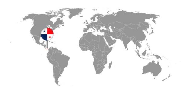 ilustrações, clipart, desenhos animados e ícones de mapa de pinos com bandeira do panamá no mapa-múndi. ilustração vetorial. - panama map flag patriotism