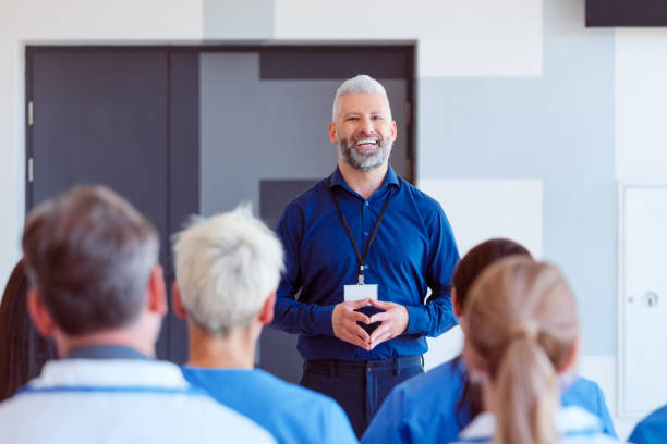 Man giving a speech on seminar for medical staff