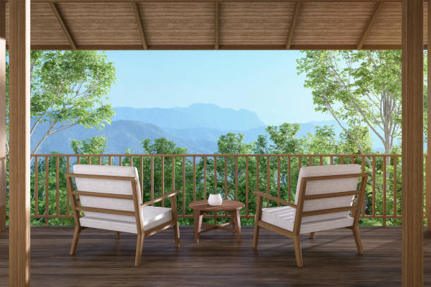 istock Modern contemporary wooden terrace  overlooking nature view 3d render 1864711117