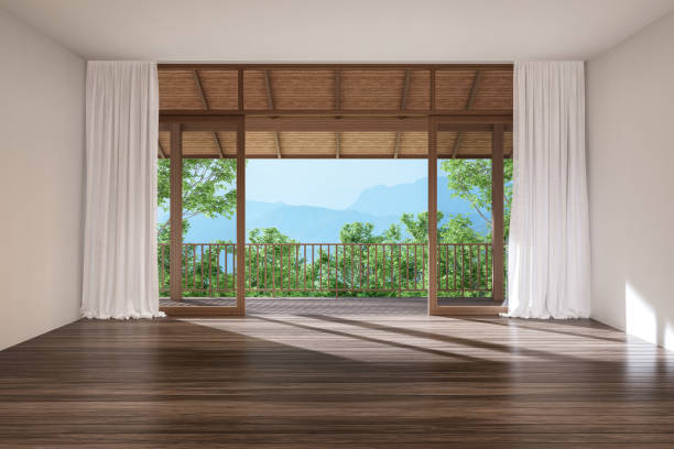 istock Modern contemporary empty overlooking wooden terrace and nature view 3d render, 1864711118
