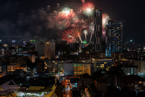 A fireworks display over the cityscape of Pattaya, Chonburi province in Thailand Southeast Asia