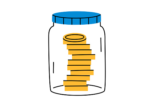Hand drawn cute cartoon illustration of outline jar with coins. Flat vector moneybox for savings sticker in doodle style. Financial literacy or bank deposit icon or print. Financial cushion. Isolated.