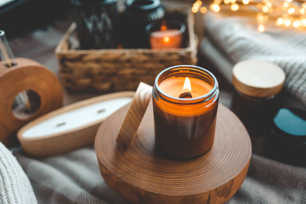 istock Burning candle in a festive cozy interior 1864722806
