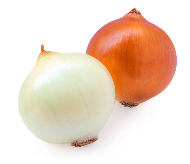 istock Onions isolated on white background.  Whole and peeled onion bulbs closeup 1864729659