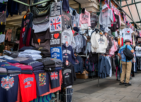 A stall selling casual clothing in Covent Garden Market, Central London.