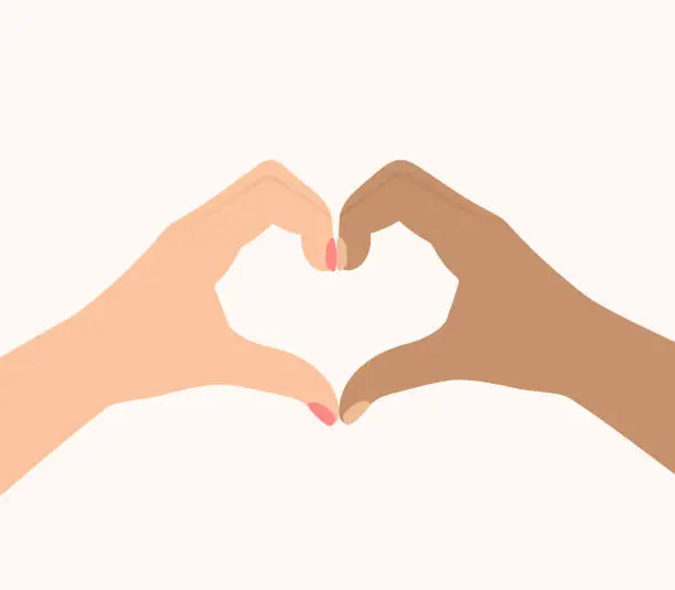 Vector illustration of Multiracial Hands Making A Heart Shape. Love, Relationship, Diversity And Charity Concept