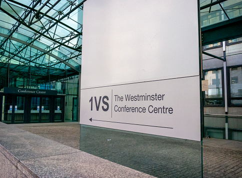 A sign outside the Westminster Conference Centre in Victoria Street, City of Westminster, London.