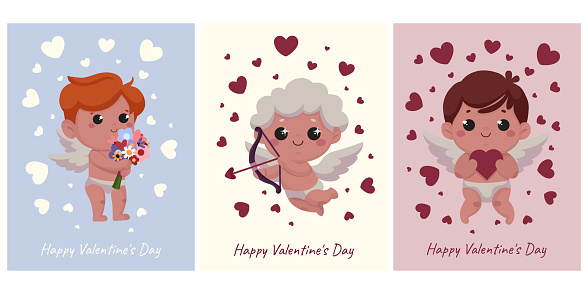 Cards, stickers for Valentine's Day in cartoon style, flat style. Celebration, event.