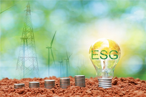 ESG concept in supporting and encouraging people to use natural energy Stacked coins Empty rows have light bulbs. natural green poke background