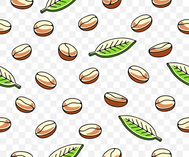 Vector illustration of Coffee beans with leaf and plant, seamless vector background and pattern. Food, hot drink, beverage, cafes, coffee house and coffee shop, vector design and illustration