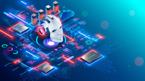 ai chat bot development. artificial intelligence isometric robot head among computer electronic chip hardware. technology. internet online chat bot face. generative pre-trained ai. ai concept banner. - chat gpt stock illustrations
