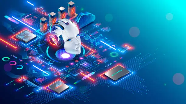 Vector illustration of AI chat bot development. Artificial intelligence isometric robot head among computer electronic chip hardware. Technology. Internet online chat bot face. Generative pre-trained AI. AI concept banner.