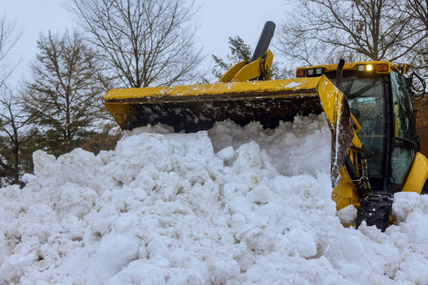 after heavy snowfalls, snowstorm snowplow trucks remove a snow from parking lot - snowplow snow parking lot pick up truck imagens e fotografias de stock