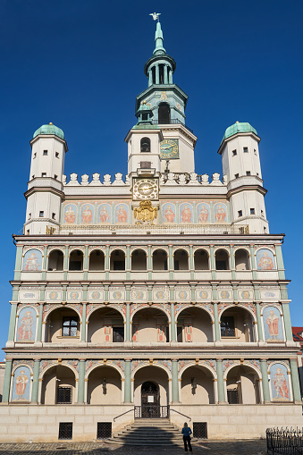The facade with arcades of the historic Renaissance town hall in Poznan, Poland