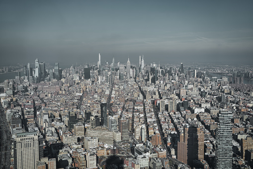A zoomed out shot featuring all of New York City from the Freedom Tower
