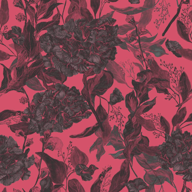 illustrations, cliparts, dessins animés et icônes de motif gothique sans couture avec ruscus et fleur d’hortensia. fond de plantes de style historique. ornement floral. tapisserie de la renaissance - baracoa