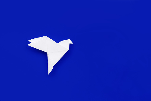 white paper origami pigeon on deep blue background, colors of flag of Israel, Finland, copy space