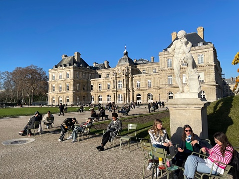 Paris, IDF France, December 16, 2023: Streets and Views Paris, People Walking through Luxembourg Park