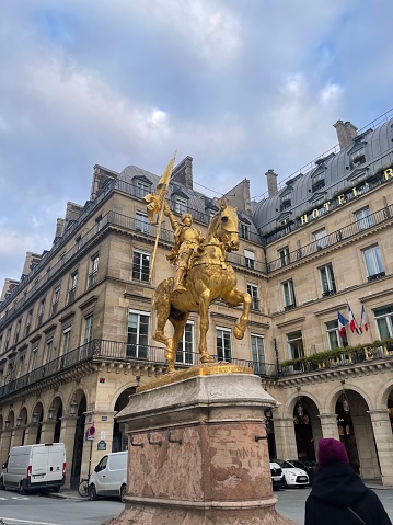 Paris, IDF FRANCE, December 16, 2023: Streets and of Paris,  Joan of Arc Gilded Statue