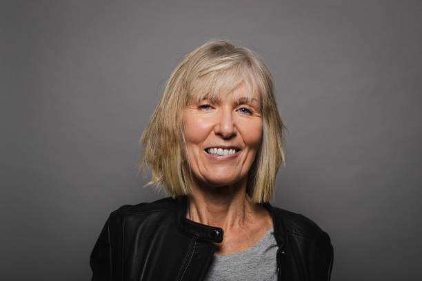 istock Senior woman wearing a leather jacket 1864819156