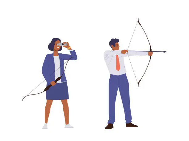 Vector illustration of Businessman and businesswoman cartoon character holding bow and arrow isolated set on white