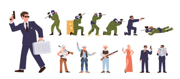 Vector illustration of Diverse people with weapon set, cowboy and cowgirl, secret male and female agent, military man