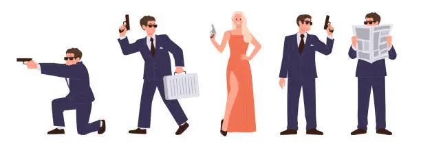 Vector illustration of Secret agent characters set with elegant man and woman holding handgun standing in different pose