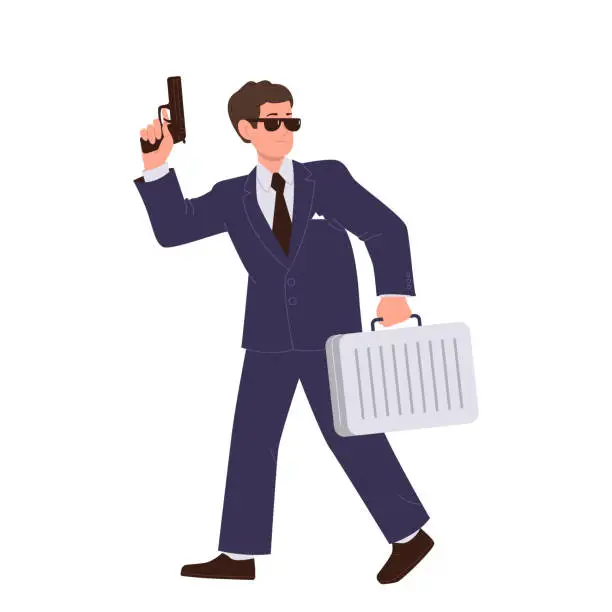 Vector illustration of Man secret agent cartoon character wearing stylish formal suit holding handgun and briefcase