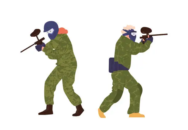 Vector illustration of Paintball shooter cartoon character wearing camouflage aiming with riffle gun isolated set