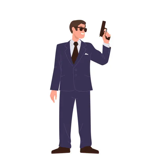 Vector illustration of Professional super agent flat cartoon character holding handgun isolated on white background