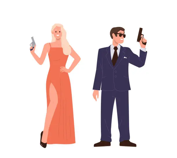 Vector illustration of Elegant fashion couple of super agent cartoon character undercover providing investigation