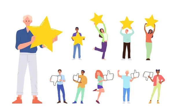 Vector illustration of Different people giving feedback with rating star and thumbsup and thumbs-down gesture isolated set