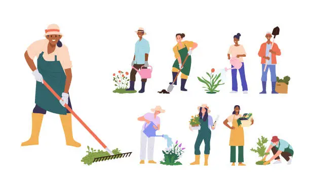 Vector illustration of Happy people cartoon characters enjoying gardening and planting agriculture work isolated set