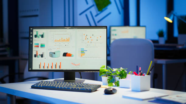 istock Interior of empty start up business office during night 1864855335