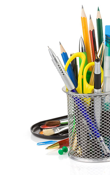 istock holder basket and office supplies isolated on white 186486123
