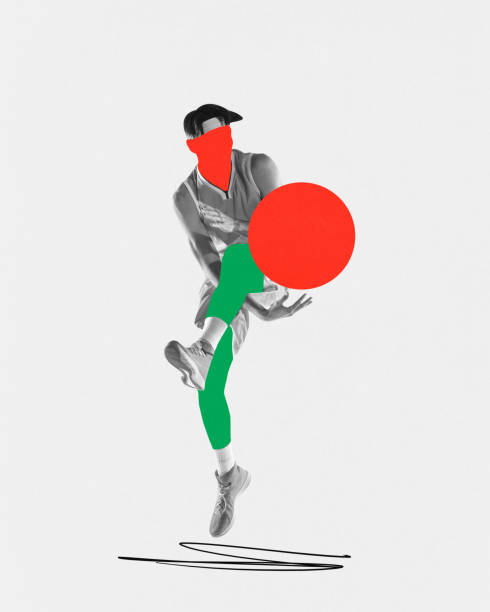 istock Young man, basketball player in motion, training, playing over light background with abstract colorful elements. Contemporary art collage. 1864865143