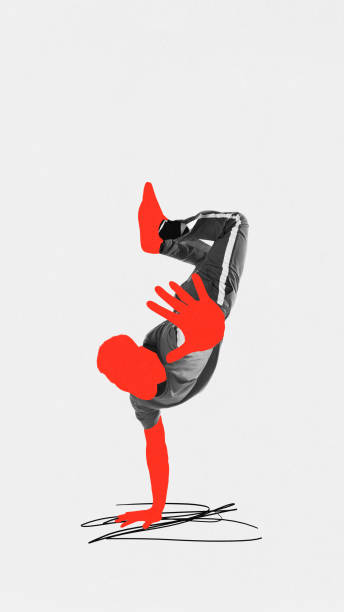 istock Dynamic image of young man, dancer performing breakdance over white background with abstract colorful background. Contemporary art collage. 1864865159